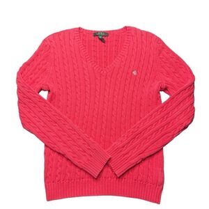 Lauren Ralph Lauren Cable Knit V Neck Sweater Womens Size M Pink/Red Cozy Preppy